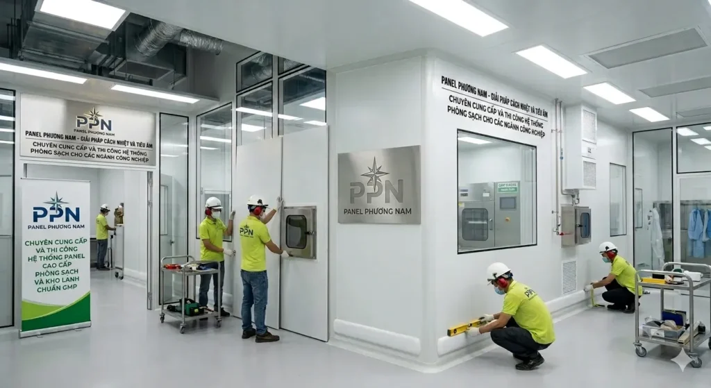 Đội ngũ kỹ sư Panel Phương Nam đang đo đạc và lắp đặt hệ thống vách trần cửa kín khí cho phòng sạch dược phẩm chuẩn GMP.