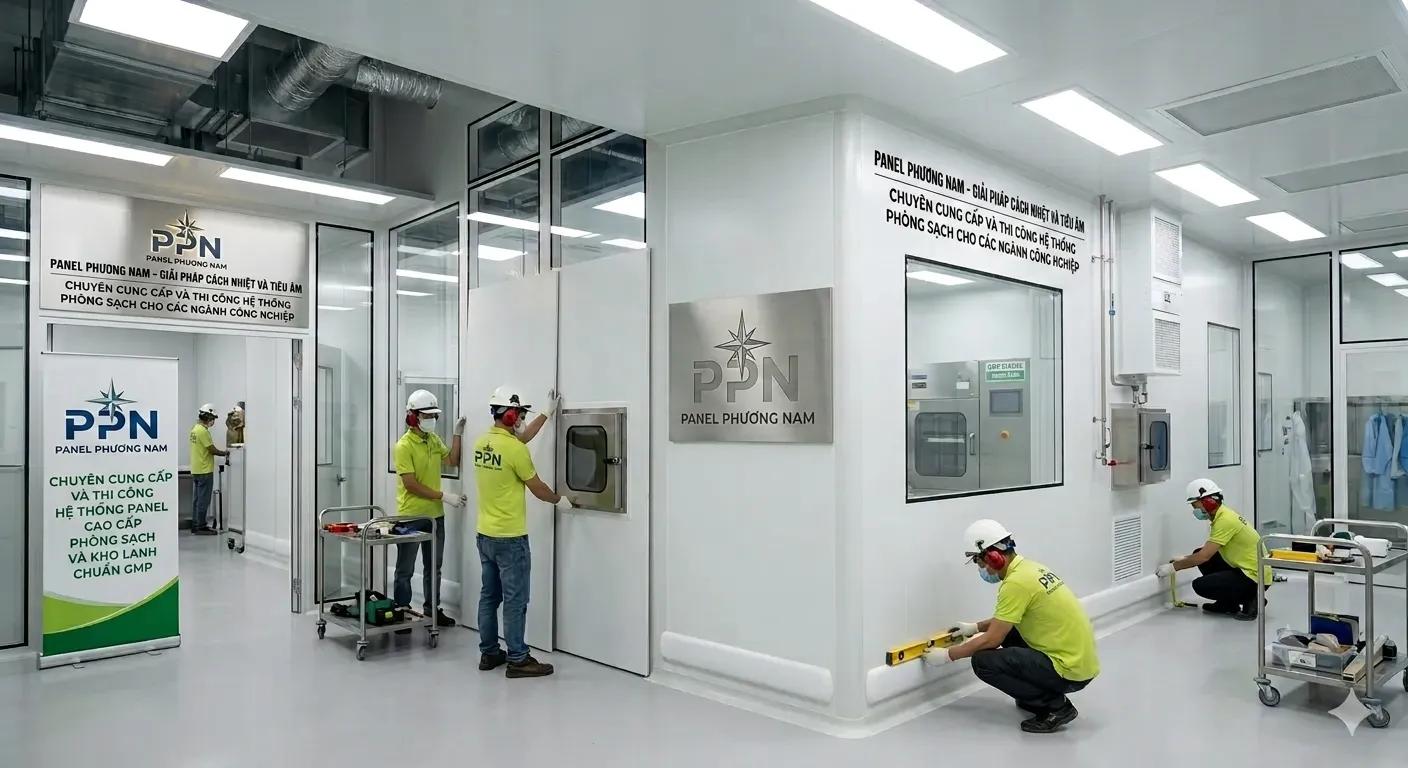 Đội ngũ kỹ sư Panel Phương Nam đang đo đạc và lắp đặt hệ thống vách trần cửa kín khí cho phòng sạch dược phẩm chuẩn GMP.