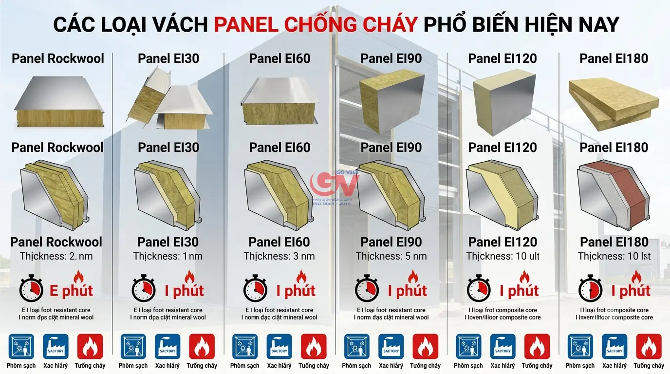 Các loại vách Panel chống cháy phổ biến hiện nay gồm Panel Rockwool, EI60, EI90, EI120 và EI180.